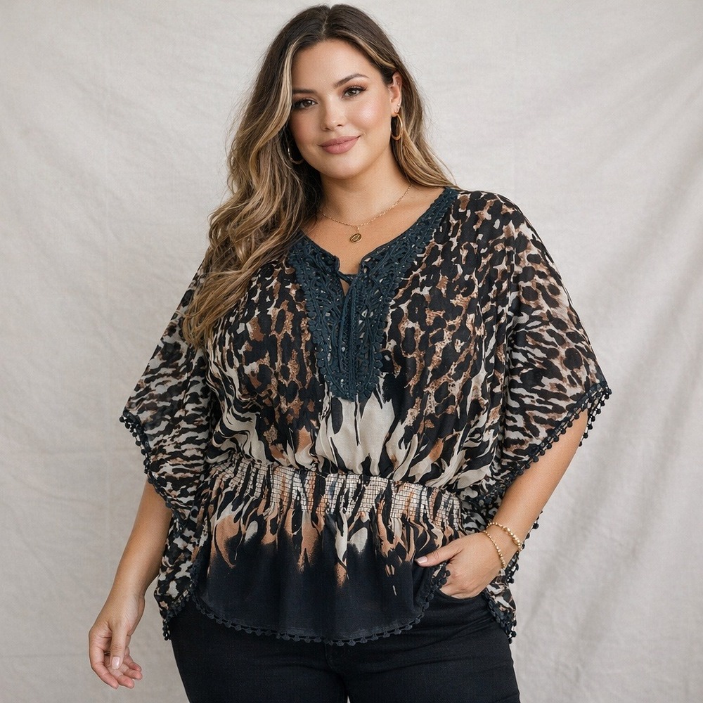 NEW‎ Blue Loop Animal Print Kaftan Top Womens 3X Brown Black Smocked Boho Blouse